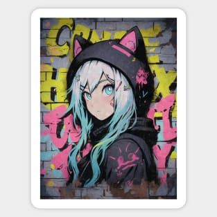 Kawaii Aesthetic Brick Wall Nekomimi Anime Cat Girl Graffiti Art Style Sticker